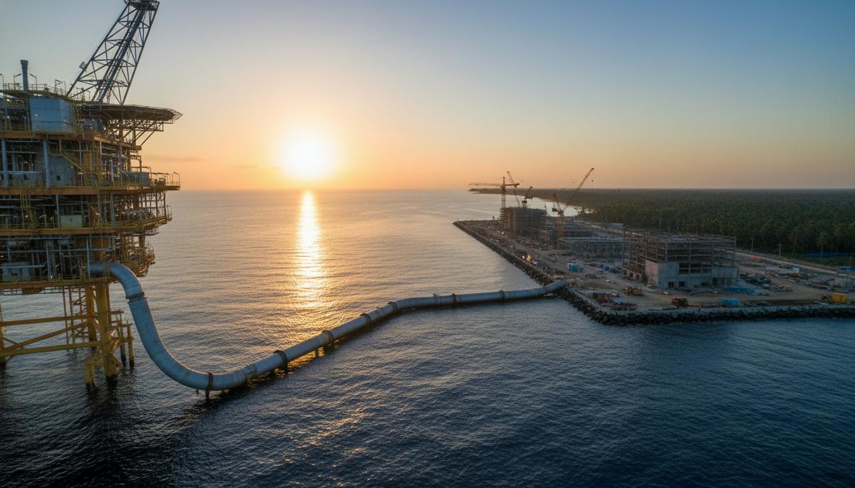 Морская газовая платформа в океане, соединенная трубопроводом с строящимся промышленным комплексом на зеленом побережье. Ясное небо.