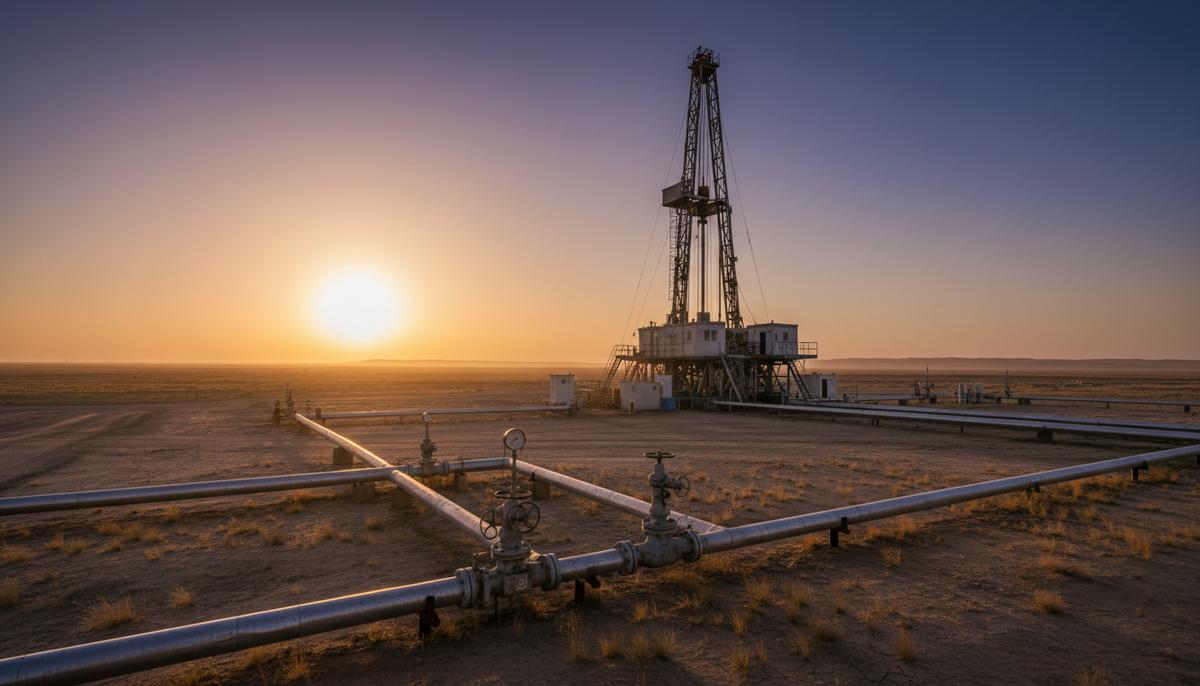 Современная буровая установка и газовые трубопроводы на фоне обширной степной местности в Узбекистане. Индустриальный пейзаж добычи газа.