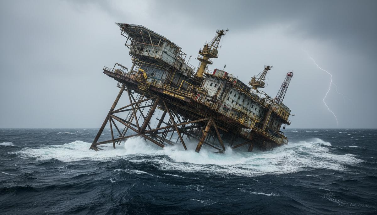Полупогружная буровая платформа в штормовом море под серым небом. Волны разбиваются о корпус платформы, видны промышленные элементы.