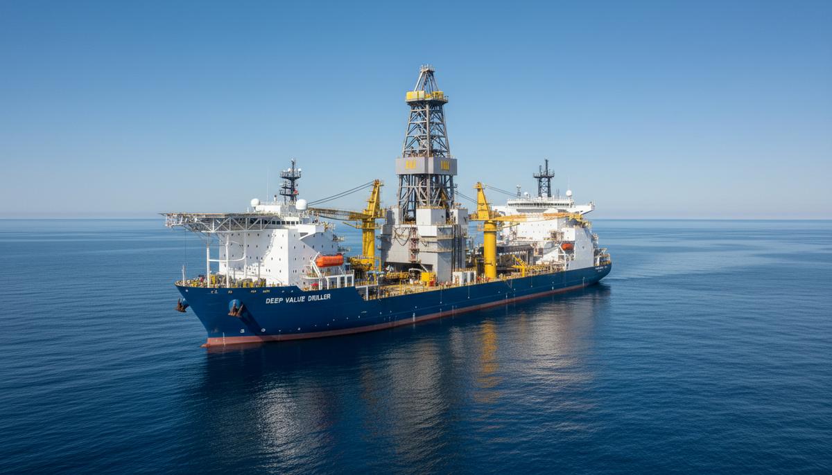 Saipem покупает буровое судно Deep Value Driller: укрепление позиций на рынке Современное буровое судно седьмого поколения в открытом море. Видна массивная буровая установка с вышкой и палубой для вертолетов.