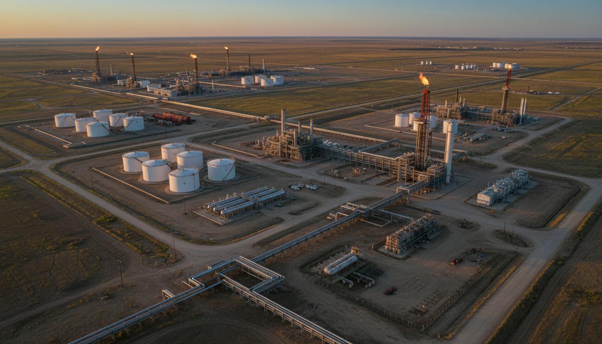 Обширное нефтегазовое месторождение в бассейне Анадарко: буровые установки, трубопроводы, резервуары и объекты переработки на фоне равнинного ландшафта.