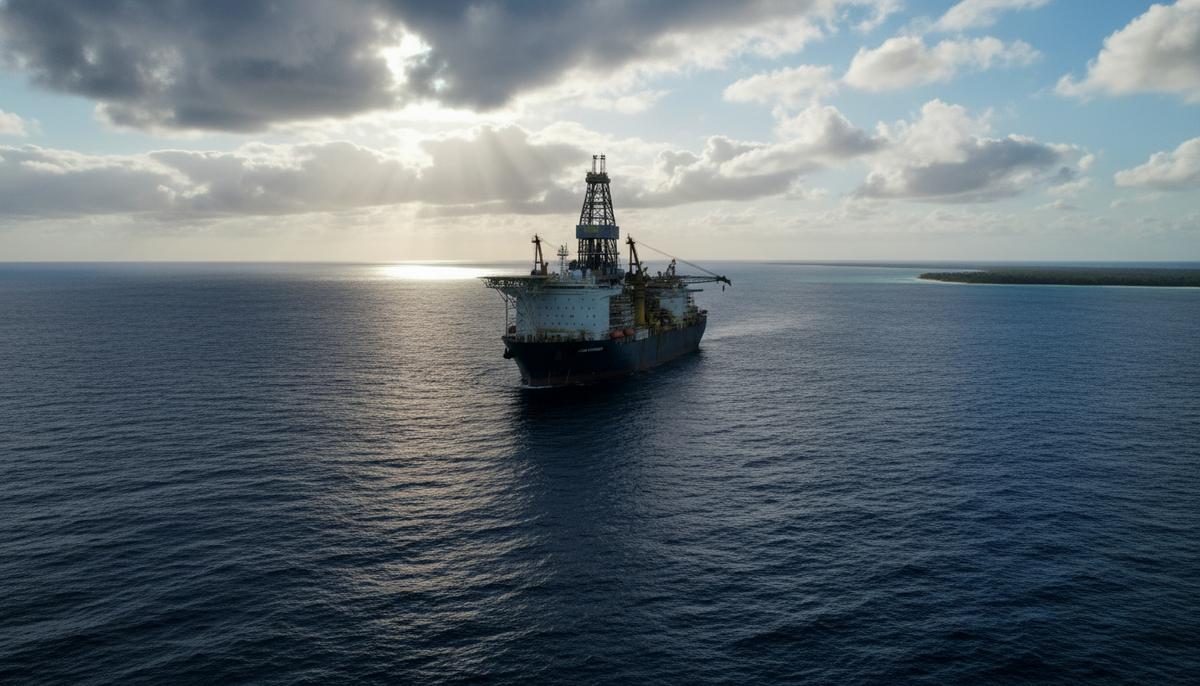 Современное буровое судно с вышкой, работающее в глубоких водах Атлантического океана у побережья Кот-д'Ивуара, под драматическим небом.