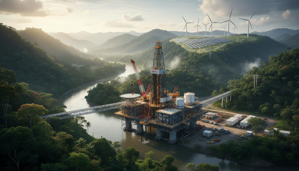 Fulkrum укрепляет позиции в Колумбии: ставка на энергопереход региона Нефтяная вышка на фоне гор Южной Америки. На горизонте видны ветряные турбины, указывающие на энергетический переход.