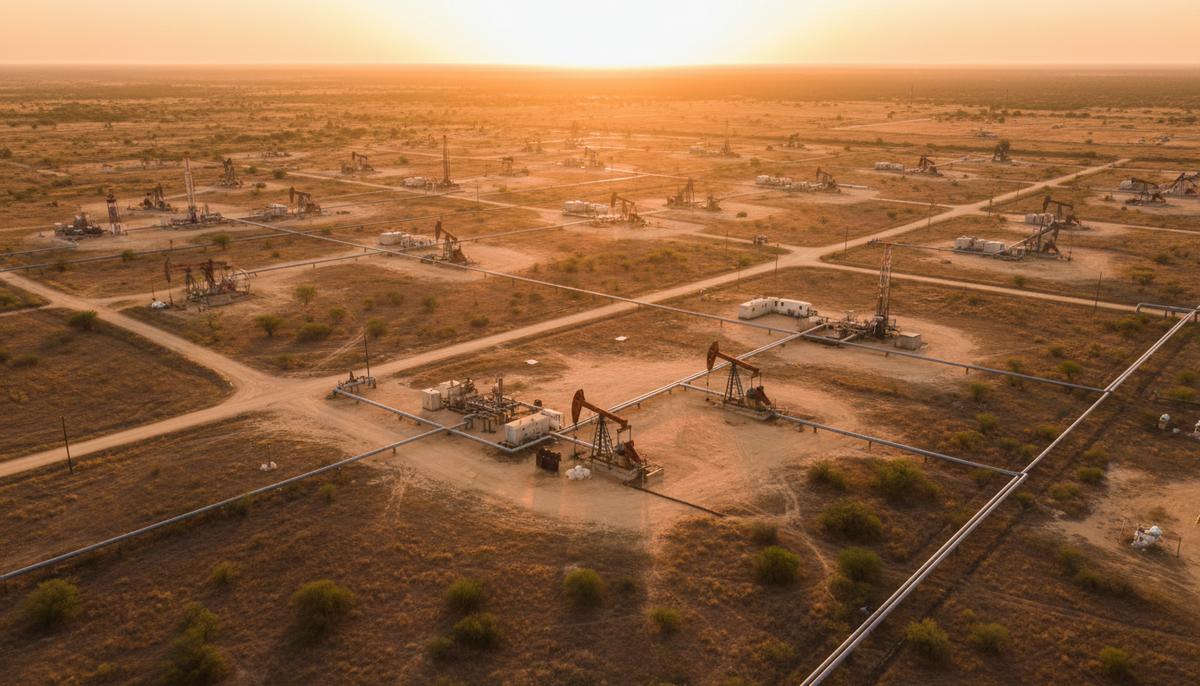 SM Energy продает активы в Техасе за $950 млн: сокращение долга и оптимизация портфеля Вид с высоты на нефтегазовые скважины и трубопроводы, раскинувшиеся по засушливому ландшафту Южного Техаса. Инфраструктура среди редкой растительности.