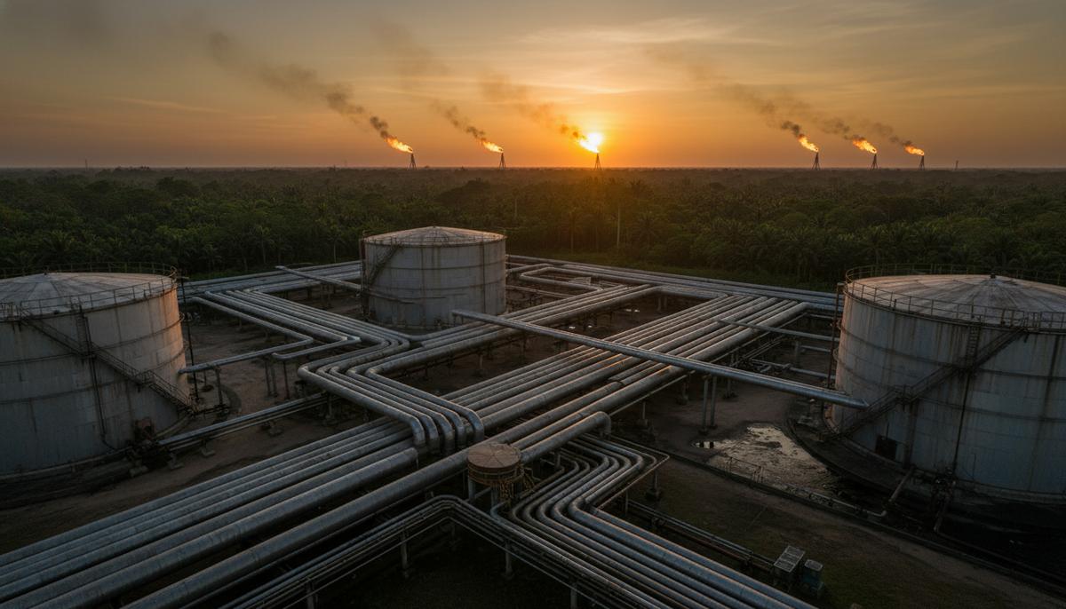 Нефть Венесуэлы: ожидается рост на фоне американских лицензий Общий вид нефтяного месторождения в Венесуэле с трубопроводами, резервуарами для хранения и газовыми факелами на фоне тропической природы.