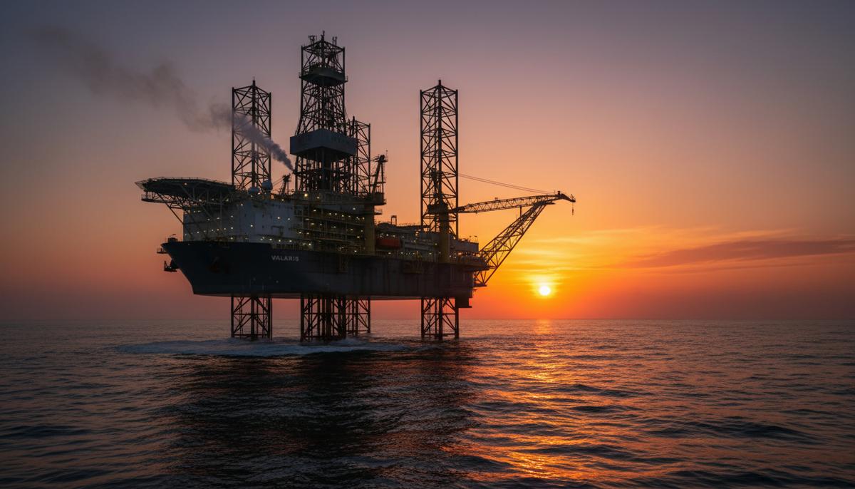 Огромная полупогружная буровая платформа Valaris в открытом океане на рассвете, активно работающая над скважиной.