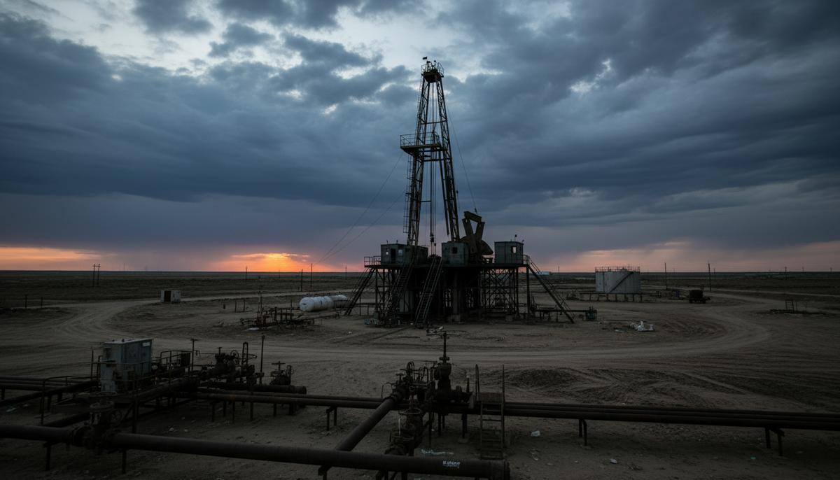 Россия сокращает бурение до трехлетнего минимума: последствия для нефтяной отрасли Нефтяная буровая установка в промышленном пейзаже с трубами и элементами инфраструктуры под пасмурным небом, без людей.