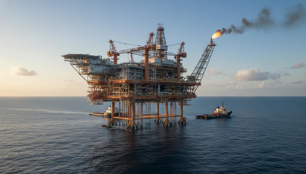 Глубоководная морская нефтедобывающая платформа в Атлантическом океане, с видом на индустриальные конструкции и спокойное море.