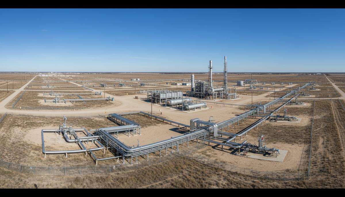 Expand Energy: газ приносит рекордные прибыли и укрепляет баланс Объект добычи природного газа в сланцевом районе Хейнсвилл, видны газовые скважины, трубопроводы и промышленные сооружения.