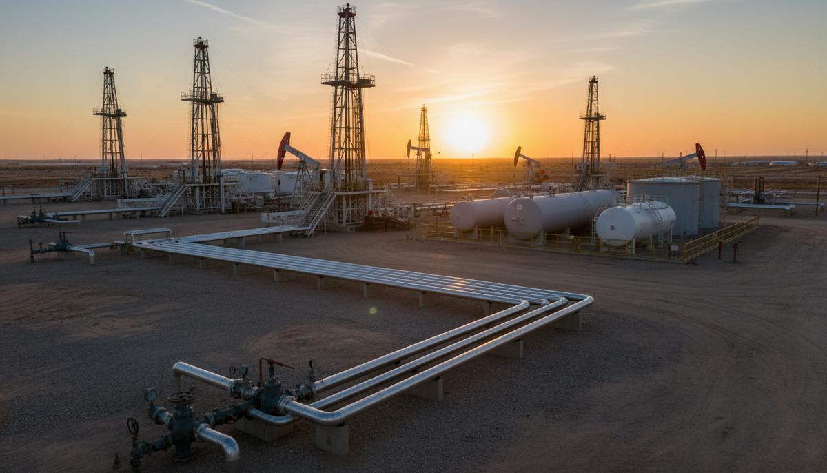 Панорамный вид на нефтяное месторождение в Пермском бассейне на восходе солнца. Видны буровые установки, трубопроводы, нефтехранилища и скважины.