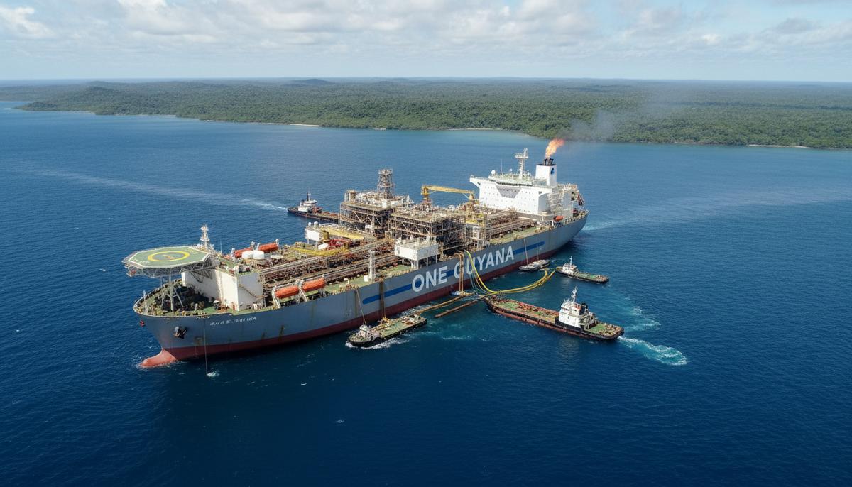 Плавучая установка для добычи, хранения и отгрузки нефти (FPSO) «One Guyana» в открытом море у побережья Гайаны. На горизонте – тропический берег.