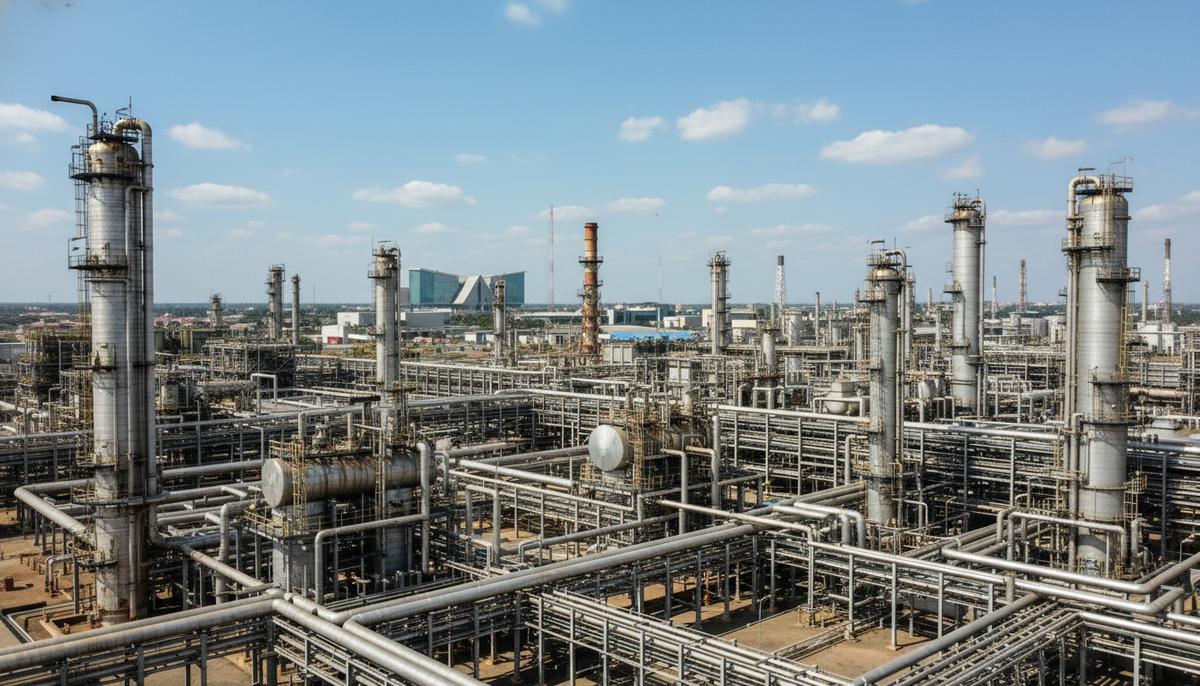 Масштабный нефтеперерабатывающий комплекс с трубопроводами, простирающимися к современному правительственному зданию на горизонте.