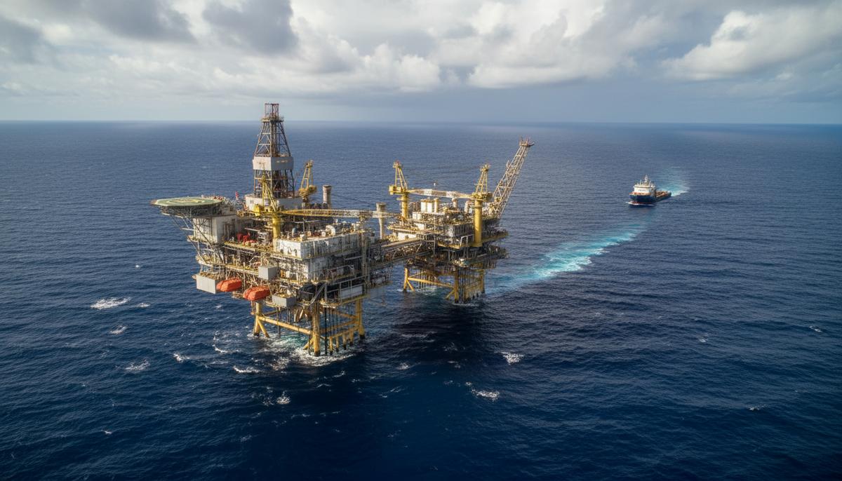 Chariot Plc привлечет $20 млн на долю в нефтяных активах Анголы Массивная морская нефтяная платформа с буровой вышкой и трубопроводами, расположенная в открытом океане под облачным небом. Вдали виднеется грузовое судно.