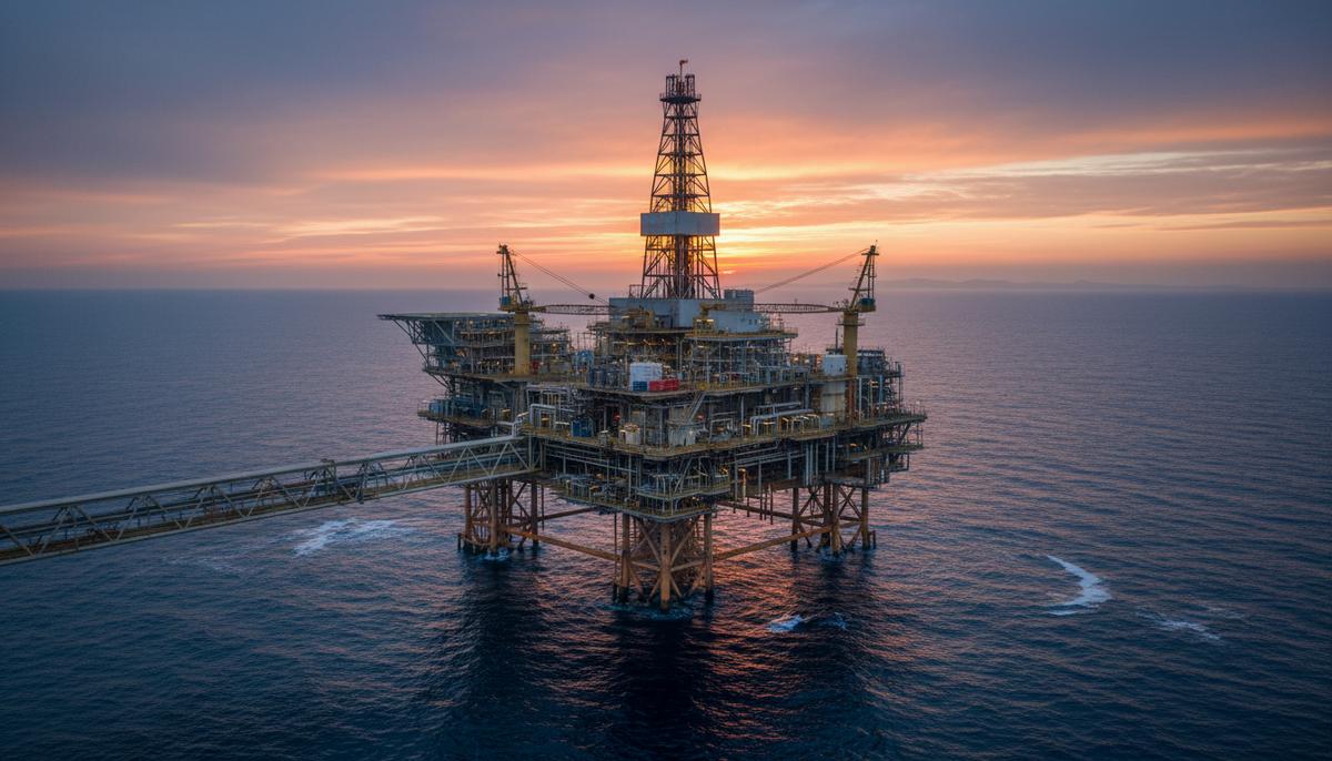 Оффшорная нефтегазовая платформа в Каспийском море с разветвленной сетью труб и стальных конструкций, на фоне водной глади.