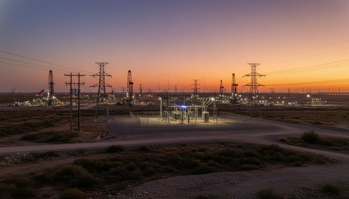 Электрифицированное нефтегазовое месторождение в Техасе на закате. Современные буровые установки, линии электропередач и подстанция на фоне пейзажа.