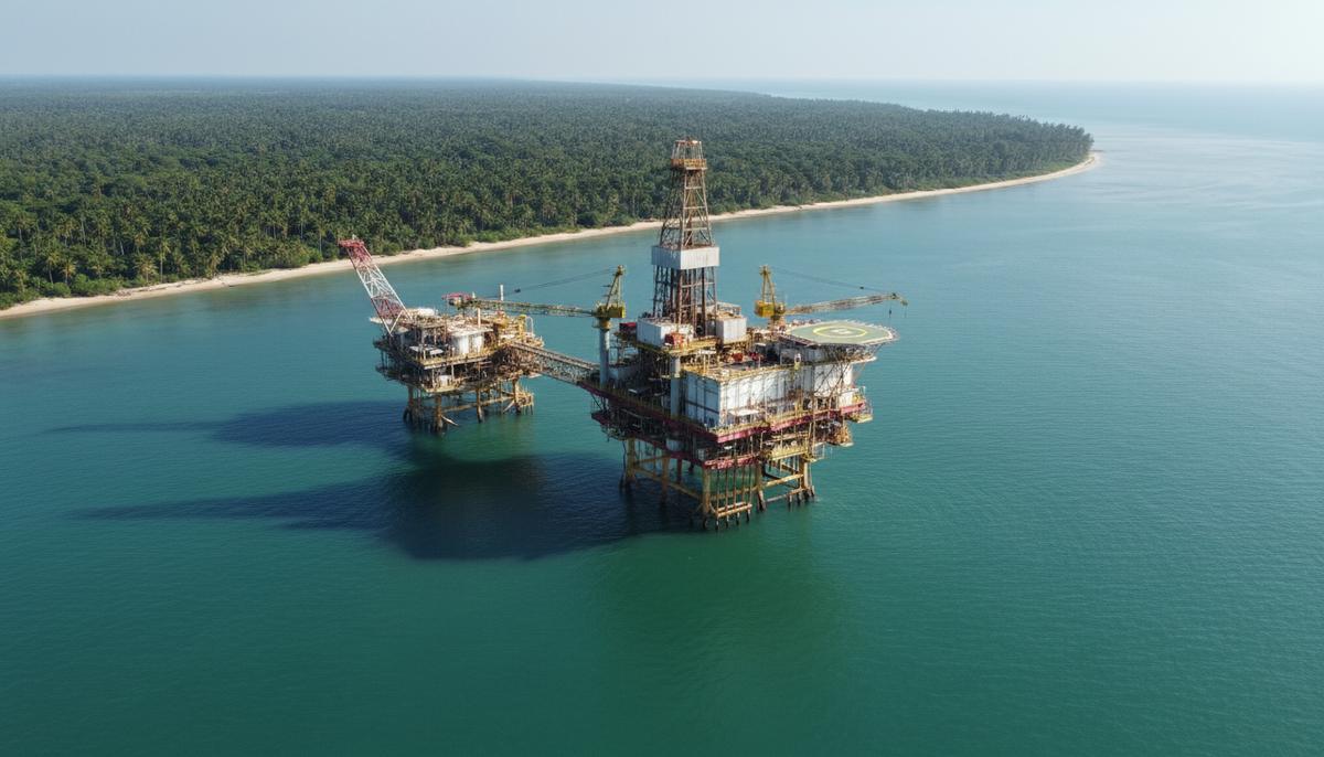 Морская нефтегазовая платформа с буровой установкой у побережья Камеруна, на заднем плане – тропические джунгли.