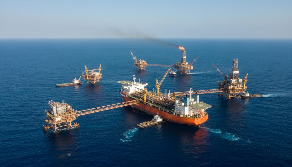 Аэрофотоснимок морского нефтегазового месторождения у побережья Ганы: плавучая платформа FPSO, буровые установки и добывающие платформы на фоне океана.