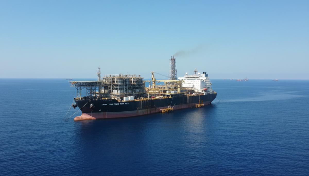 Плавучая установка FPSO «Профессор Джон Эванс Атта Миллс» у побережья Ганы. Вид на крупное технологическое судно в открытом море.
