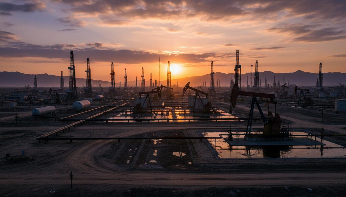 Обширное нефтяное месторождение в Венесуэле с многочисленными насосными станками и буровыми вышками, трубопроводы, резервуары для хранения нефти.