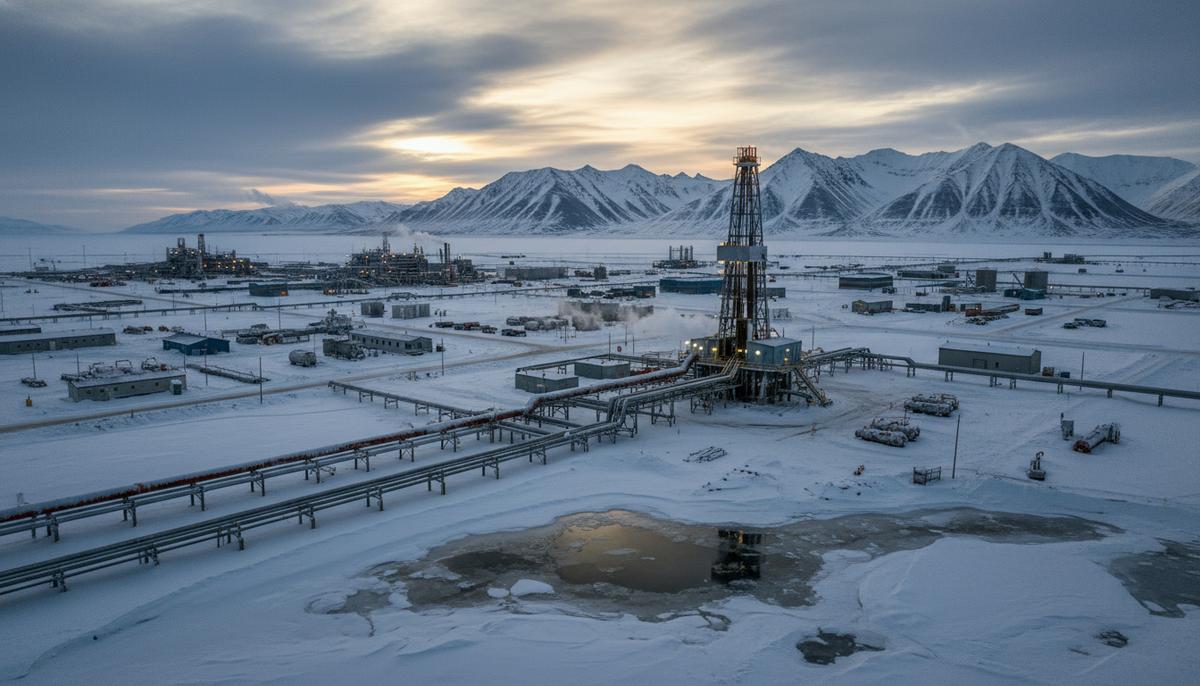 Конгресс США: республиканцы расследуют действия экологов вокруг проекта Willow Крупное нефтяное месторождение на заснеженной Аляске с буровой вышкой, трубопроводами и промышленными сооружениями.