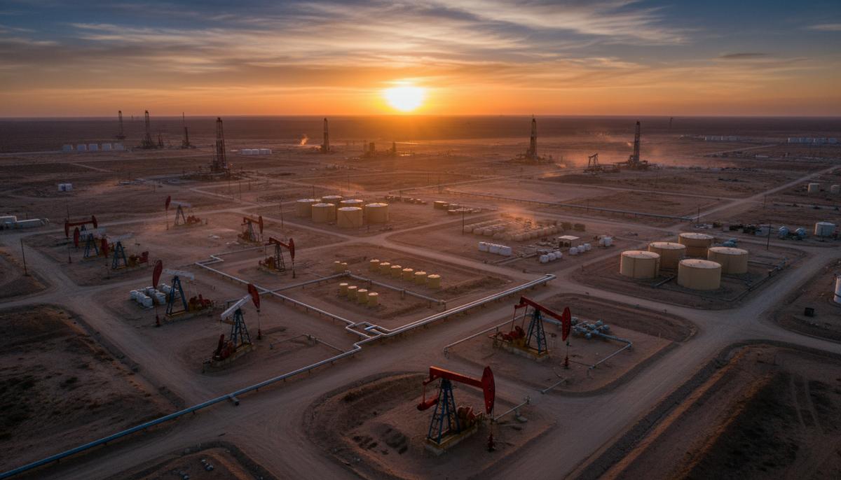 Общий вид нефтяного месторождения в Пермском бассейне на рассвете. Насосы-качалки, сеть трубопроводов и резервуары для хранения нефти на фоне пустынного ландшафта.