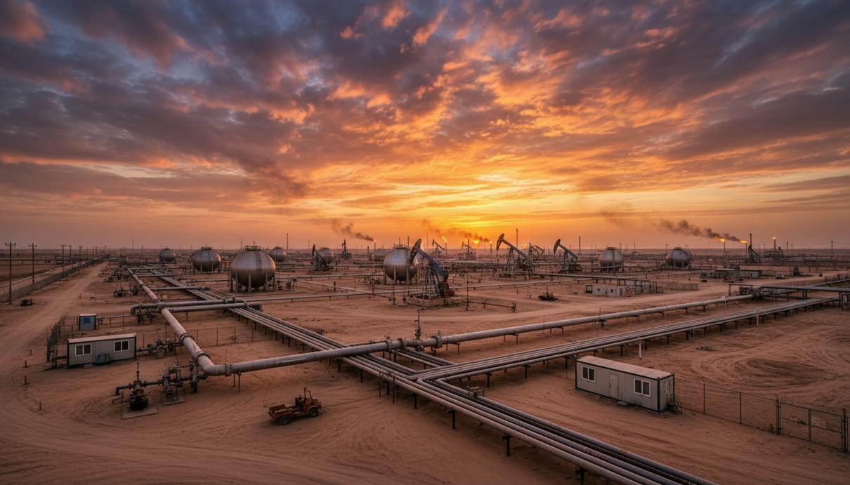 Вид на нефтяное месторождение Западная Курна–2 в Ираке. В кадре промышленные трубопроводы, резервуары для хранения нефти и насосные установки на фоне пустынного ландшафта под небом.