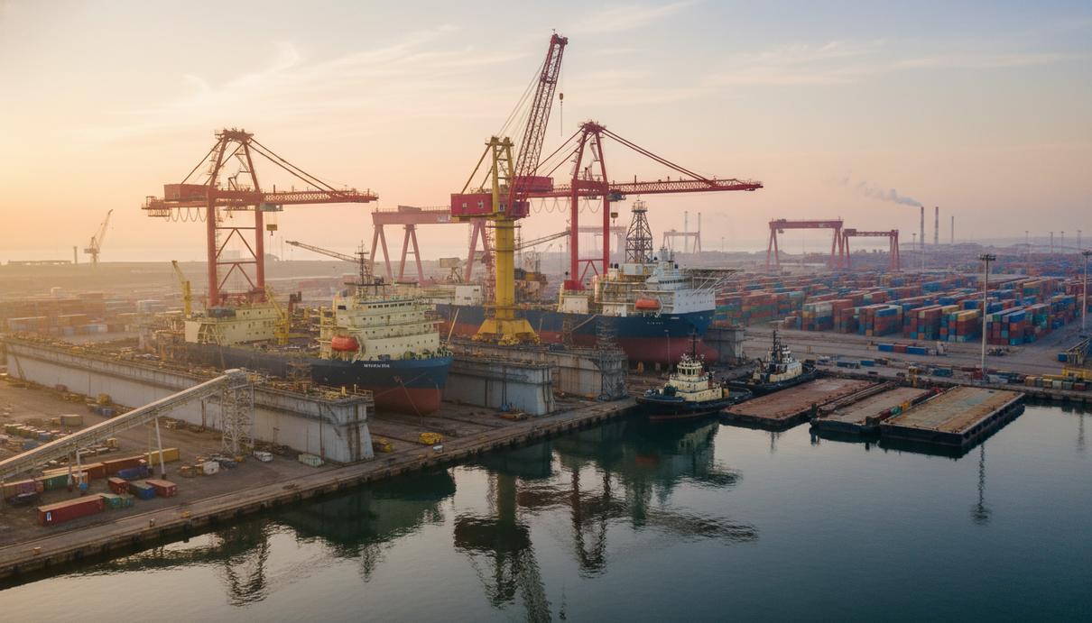 Индустриальный вид на крупную современную судостроительную верфь с сухими доками, портовыми кранами и морскими судами под утро. Рядом пришвартованы буксиры и баржи.