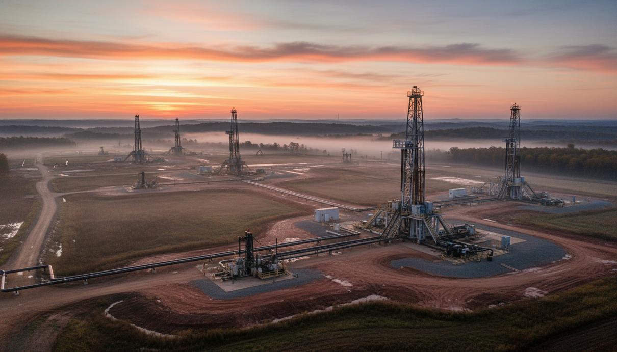Буровая площадка для добычи сланцевого газа в восточном Огайо. Несколько буровых установок, скважины и трубопроводы на фоне обширного ландшафта Аппалачского бассейна.