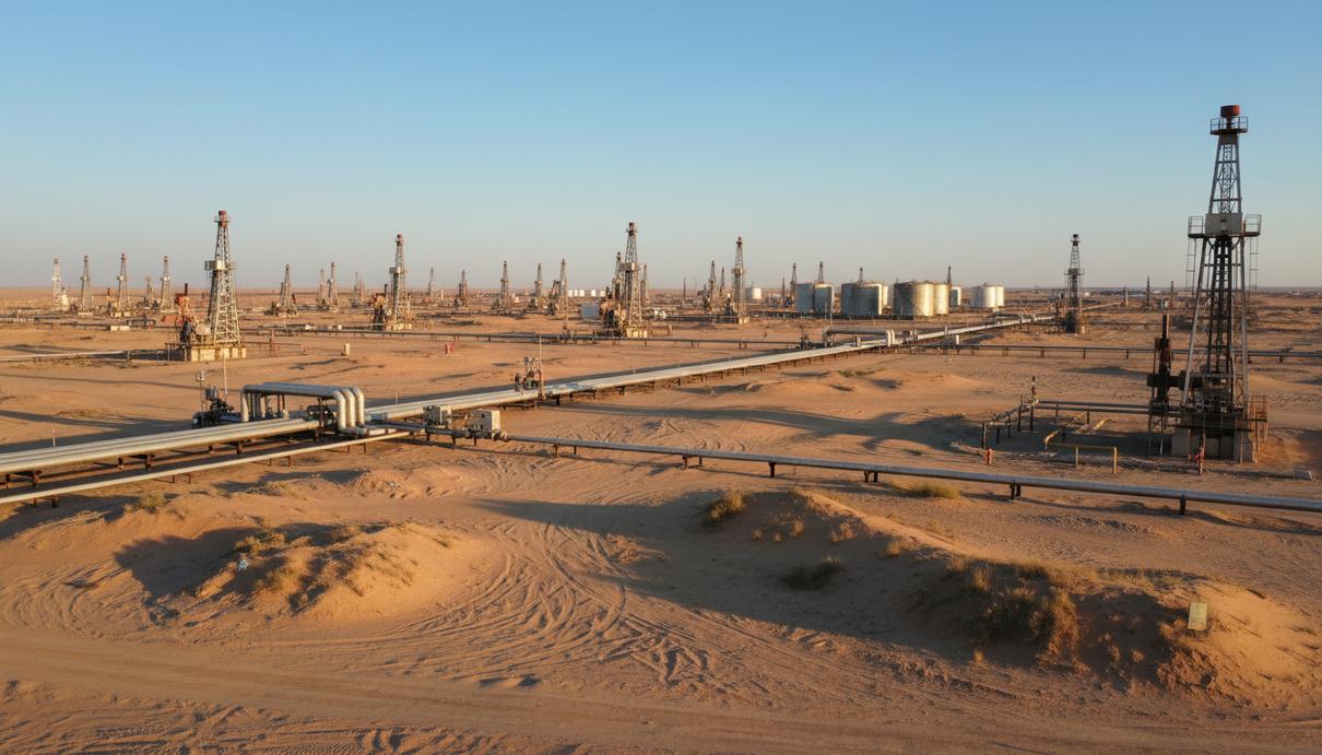 Вид на обширное нефтяное месторождение в пустыне: многочисленные буровые установки, скважины, трубопроводы и резервуары для хранения нефти под ясным небом.
