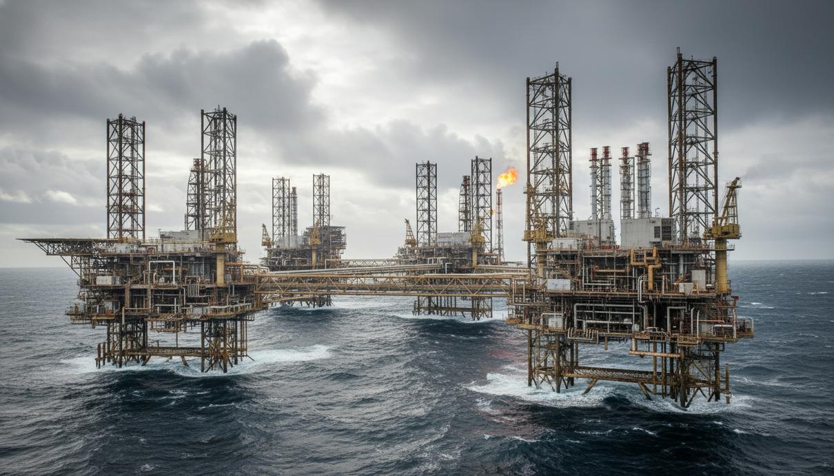 Крупная морская нефтегазовая платформа в Северном море, окруженная водной поверхностью и облачным небом.