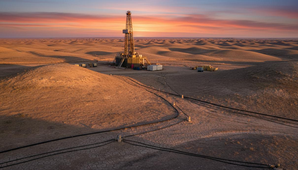 Вид на сухопутную буровую установку в холмистой местности Губа-Каспийского региона Азербайджана на закате. Видны элементы геофизической разведки на переднем плане.