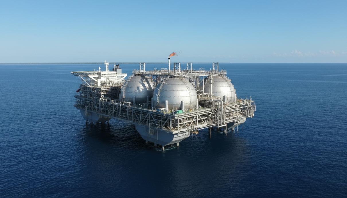 Плавучий завод по сжижению природного газа (FLNG) в открытом море у побережья Мозамбика. Видны промышленные конструкции, трубы и резервуары на спокойной водной поверхности.