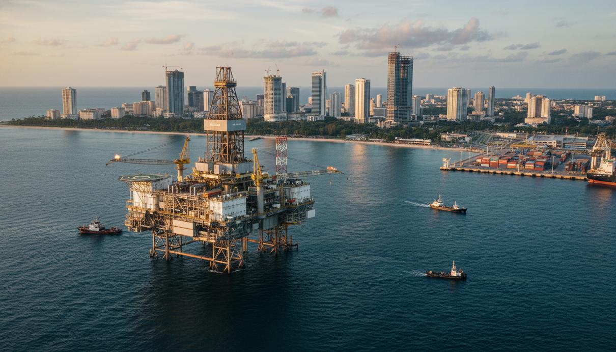 Панорама нефтедобывающей платформы у побережья Джорджтауна, Гайана. На берегу видны современные здания, портовые сооружения и развивающаяся городская инфраструктура.