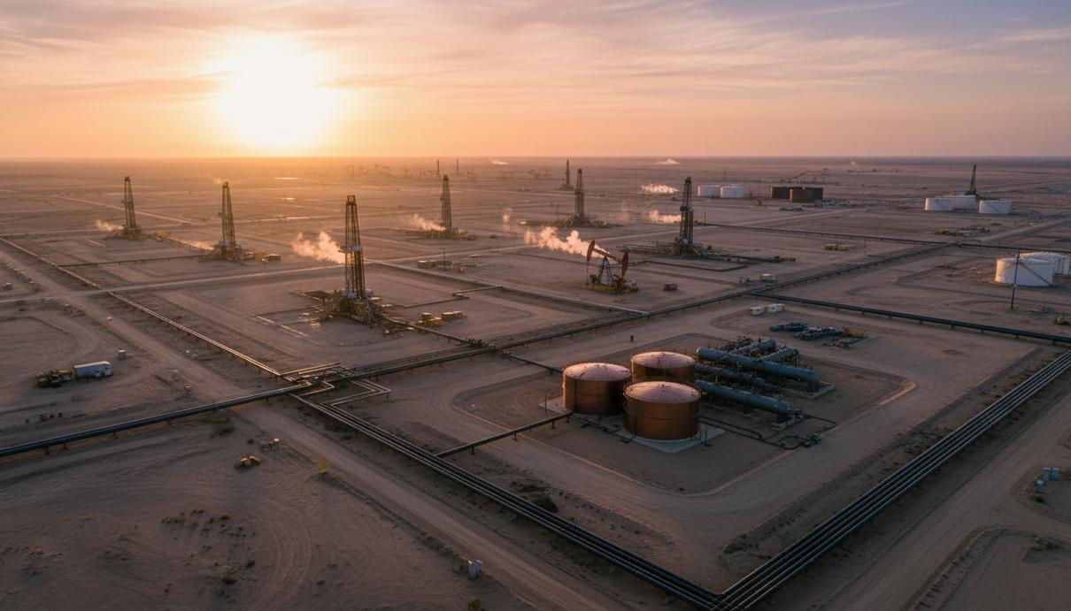 Панорамный вид на нефтяное месторождение в Пермском бассейне с буровыми установками, трубопроводами и резервуарами для хранения нефти.