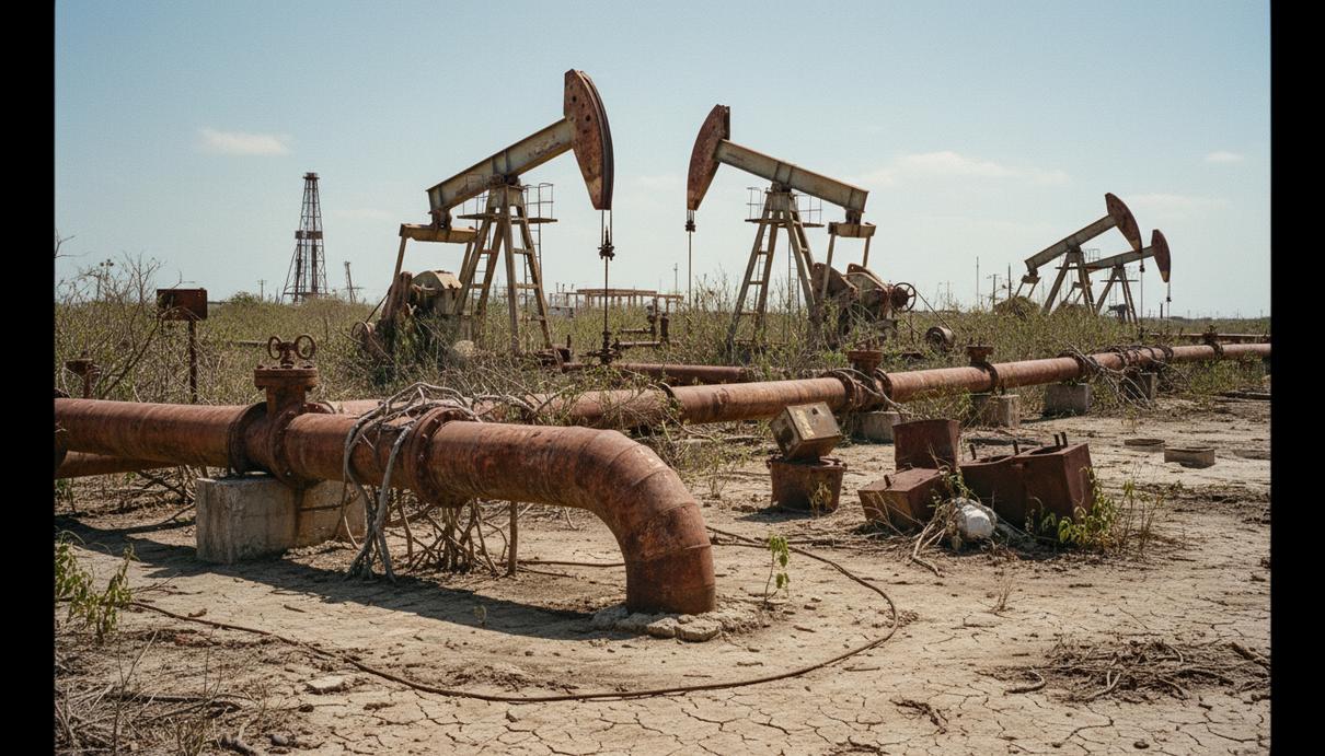 Заброшенные ржавые нефтегазовые трубопроводы и промышленные конструкции на фоне сухого ландшафта Венесуэлы.