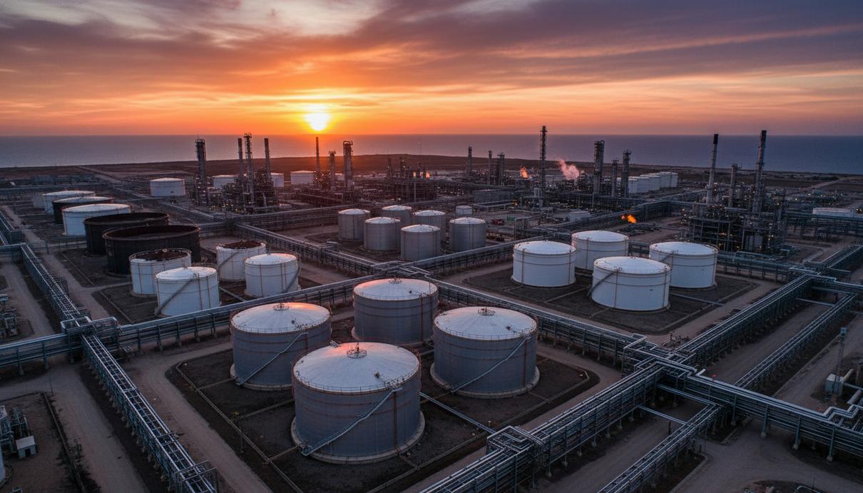 Вид с воздуха на крупный нефтяной комплекс в Анголе: огромные резервуары, трубопроводы, индустриальный пейзаж.