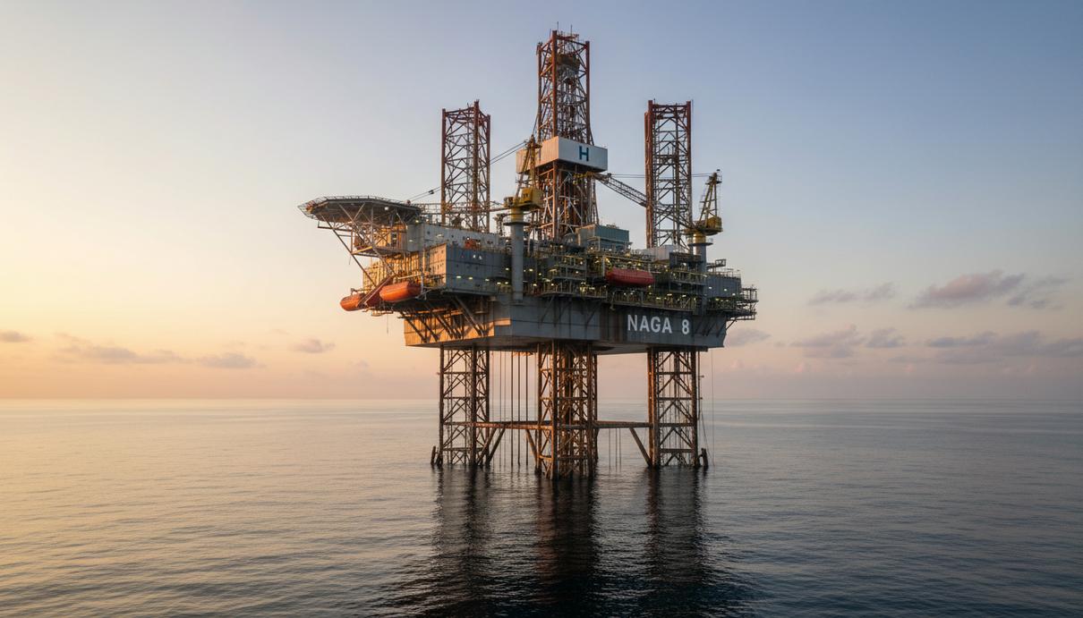 Крупная самоподъемная буровая установка «NAGA 8» на фоне рассветного неба, работающая на морском шельфе у берегов Малайзии.