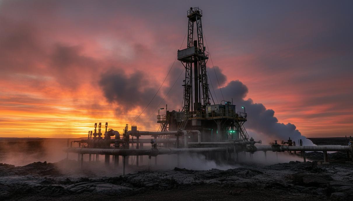 Буровая установка на геотермальном месторождении на закате. Из земли поднимается пар. Видны промышленные трубы и устья скважин на фоне вулканического ландшафта.