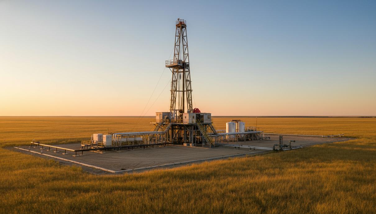 Современная буровая установка на фоне обширной североамериканской прерии на рассвете. Оборудование для добычи нефти и газа.