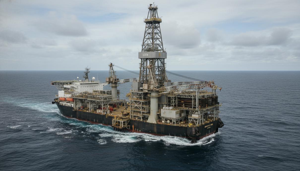 Современное буровое судно в открытом море, с детализированным оборудованием для бурения на палубе, видны элементы надстройки и краны.