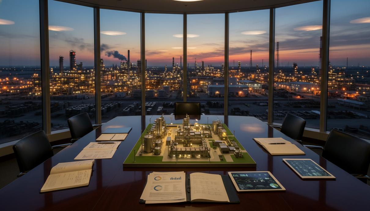 Стол в зале заседаний с документами и планшетом, на заднем плане – завод по производству оборудования для нефтегазовой отрасли на закате.
