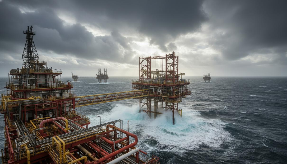 Масштабная нефтегазовая платформа в Северном море, окруженная волнами. Видны промышленные конструкции, трубы, оборудование. На горизонте облачное небо.