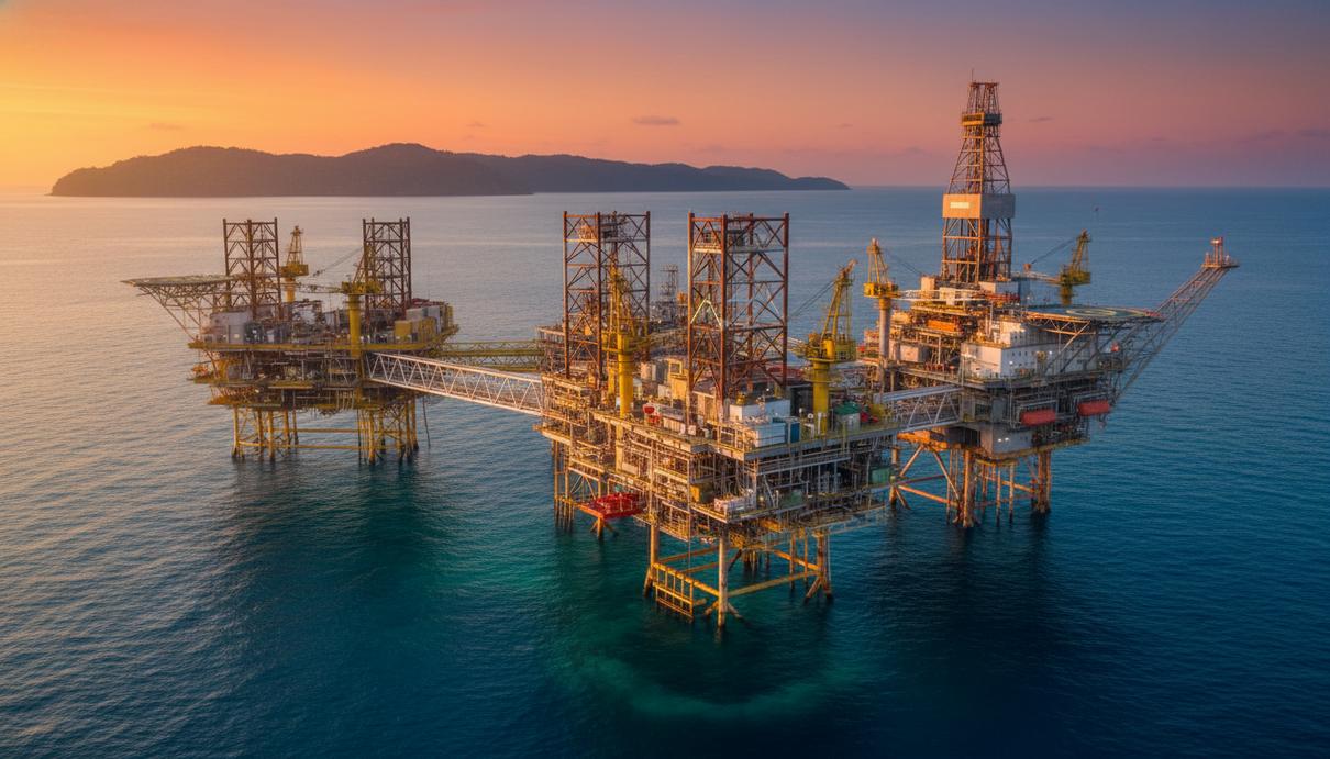 Крупная морская нефтегазовая платформа в глубоких тропических водах, освещенная закатным солнцем. На горизонте — зеленое побережье Гайаны.