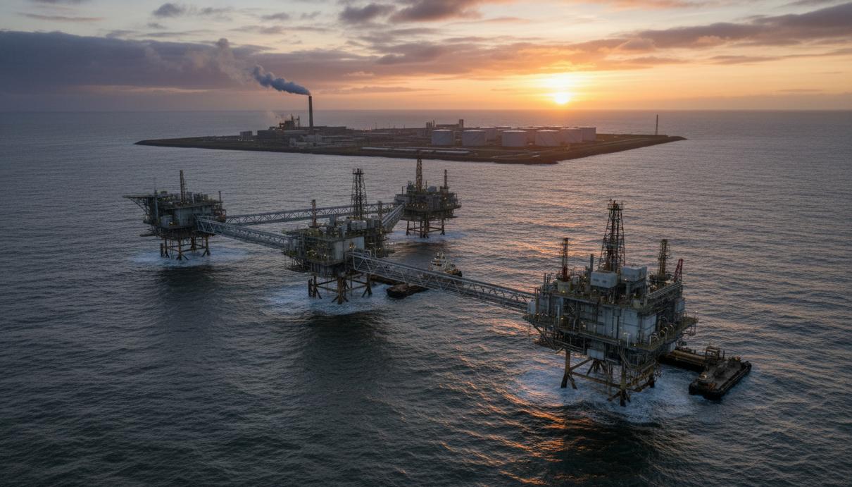 Морская газодобывающая платформа в Северном море, соединенная мостами, и береговой газоперерабатывающий терминал с трубопроводами и резервуарами.