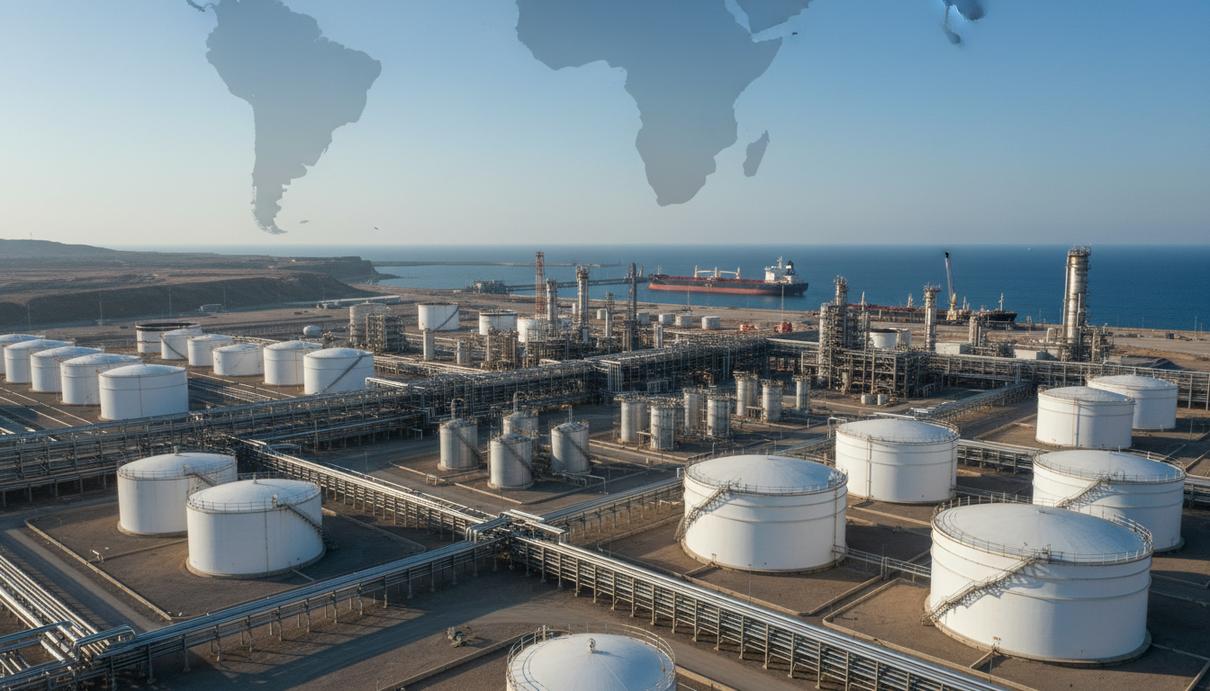 Современный крупный нефтеперерабатывающий комплекс с резервуарами и трубопроводами. На заднем плане – большой танкер в порту.