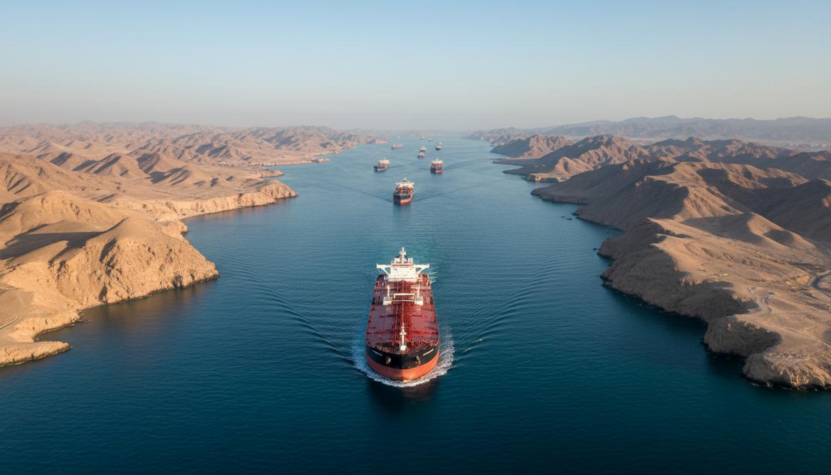 Крупный нефтяной танкер проходит по узкому Ормузскому проливу между скалистыми берегами. На горизонте видны другие суда и синее море.