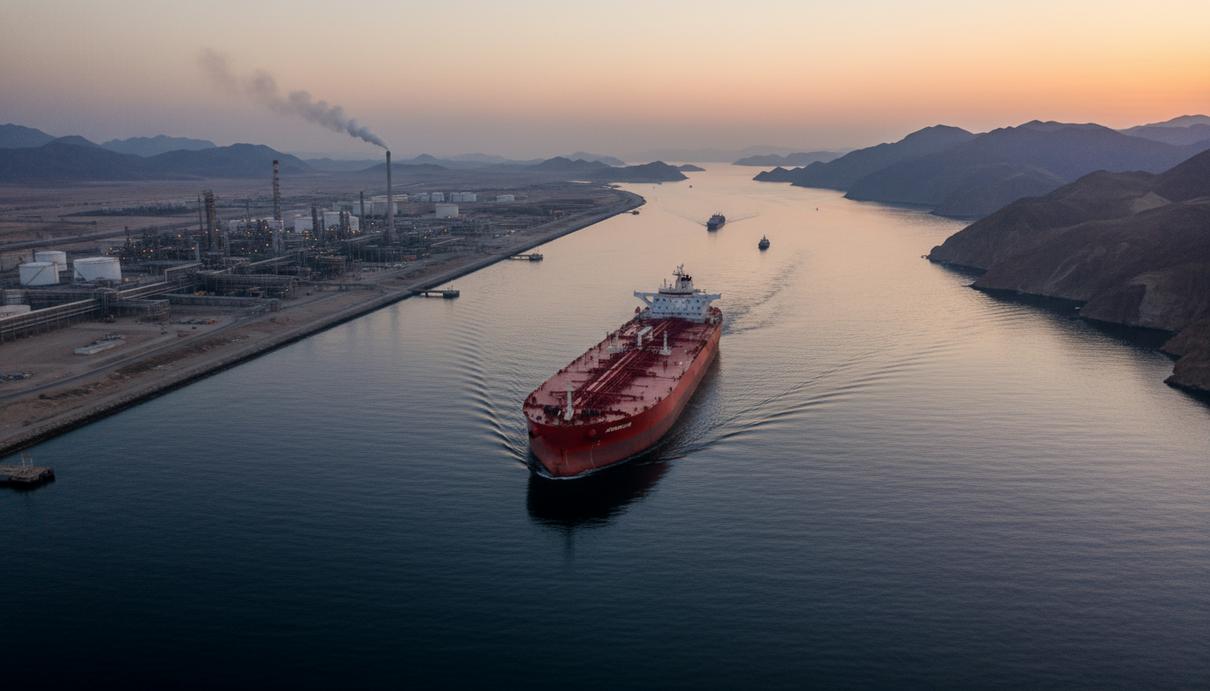 Вид с воздуха: супертанкер в Ормузском проливе. На берегу – промышленная инфраструктура нефтяного порта и НПЗ.