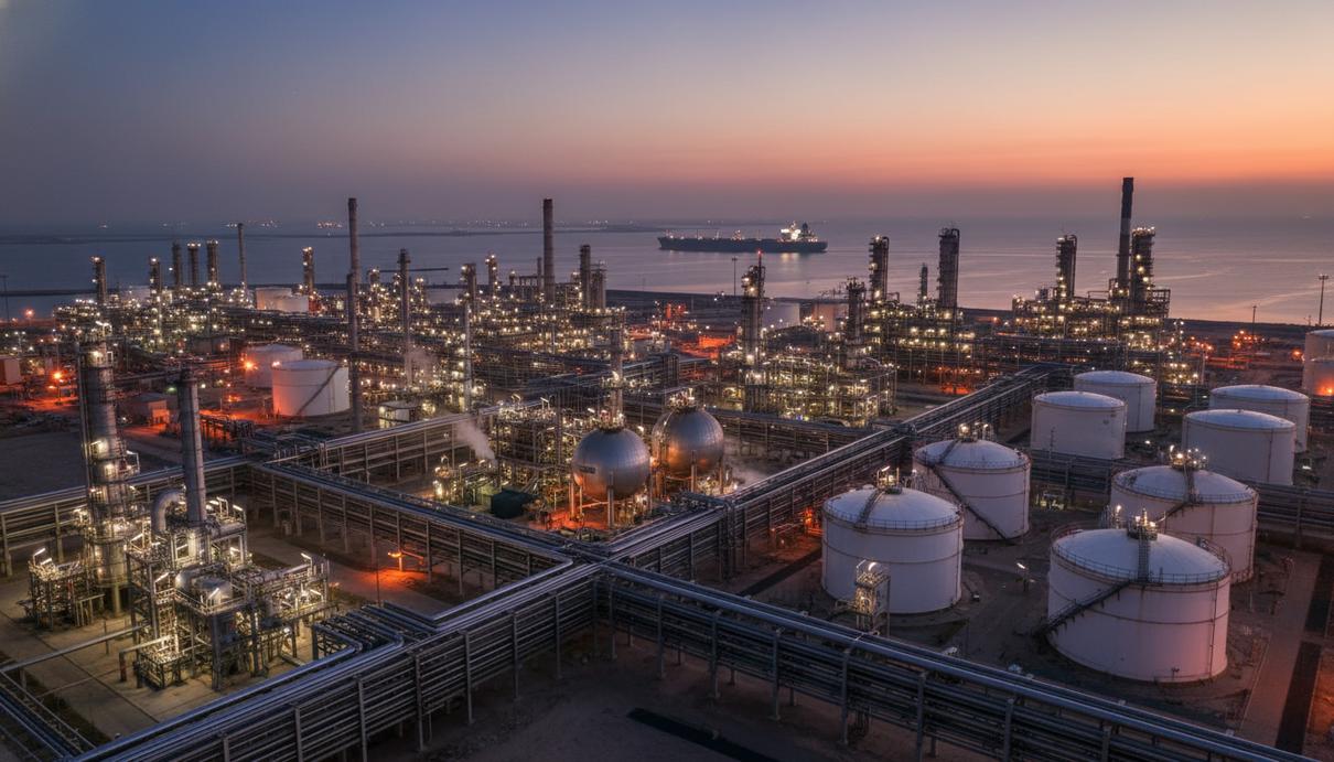 Промышленный комплекс нефтеперерабатывающего завода или терминала СПГ с резервуарами и трубопроводами. Вдали виден крупный танкер на морском горизонте.