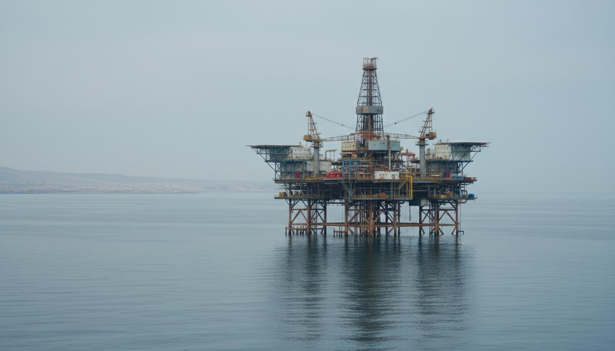 Оффшорная нефтедобывающая платформа в Каспийском море, видны металлические конструкции, вышка и оборудование для бурения, спокойная морская поверхность.