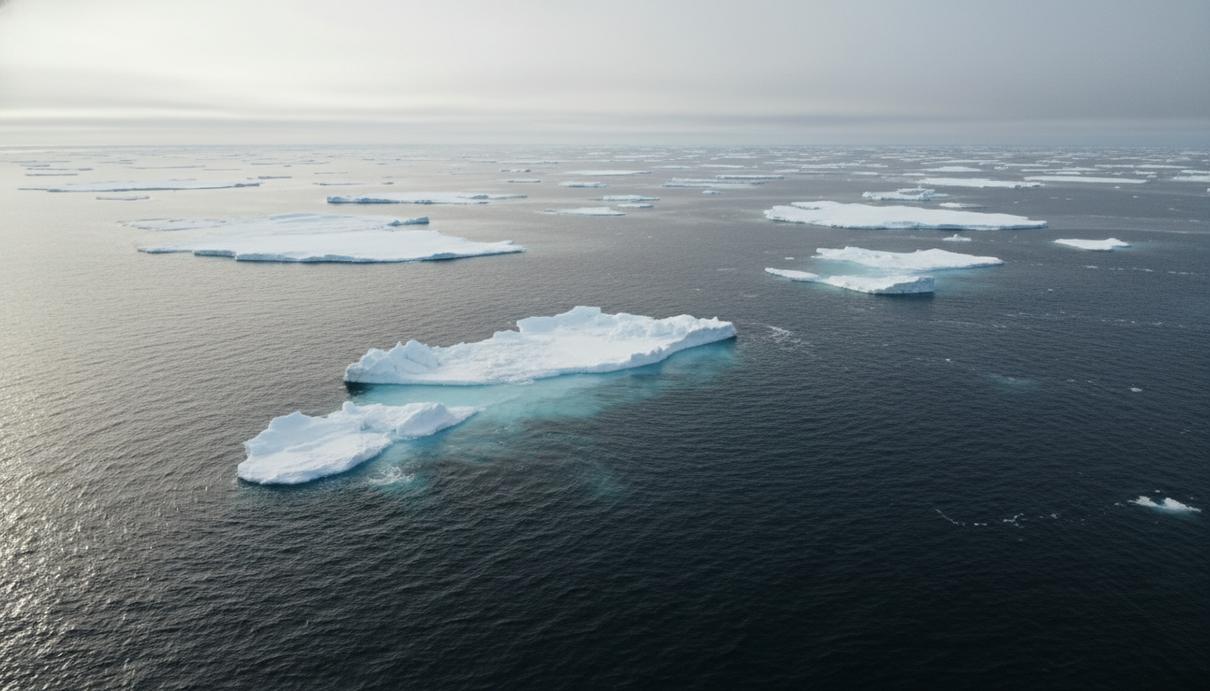 Обширные воды моря Бофорта с дрейфующими льдами. Арктический пейзаж с холодными водами и ледяными полями под пасмурным небом.